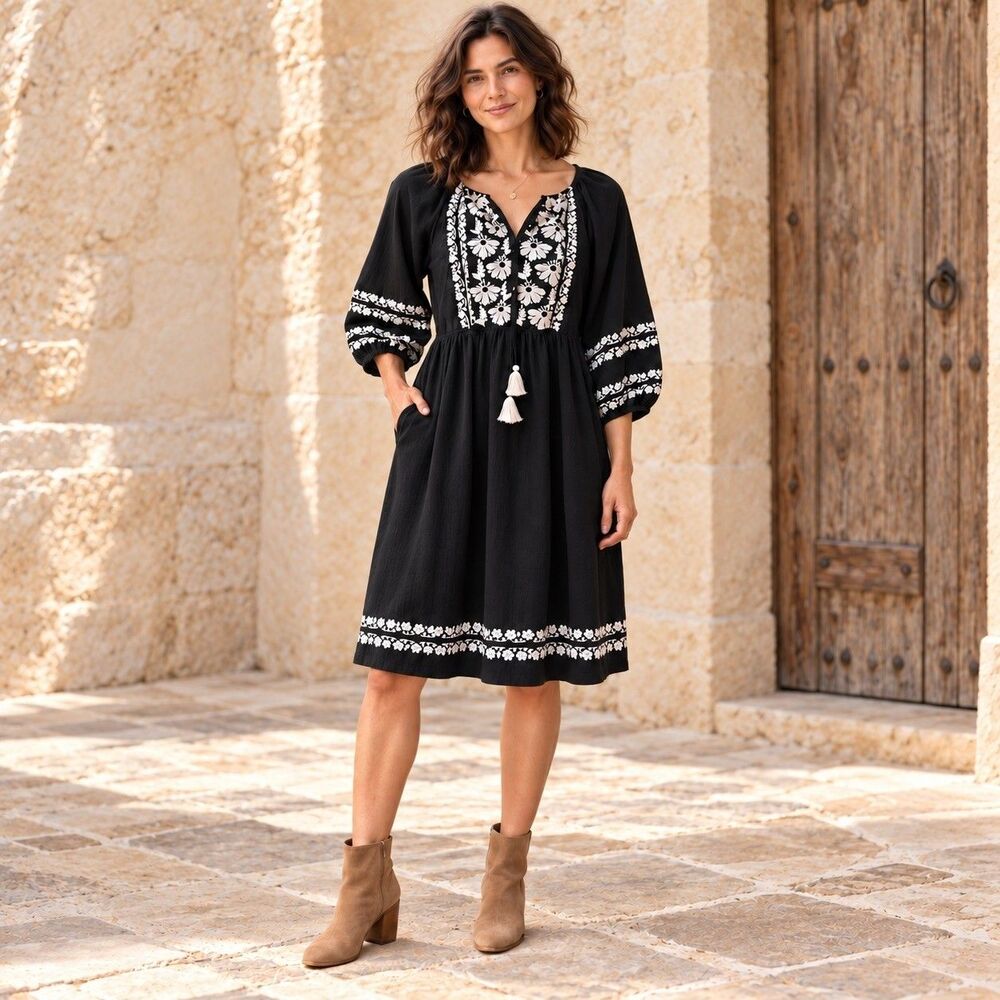 Sundance Boho Black Floral Embroidered Cotton Linen Dress S Peasant Josephena